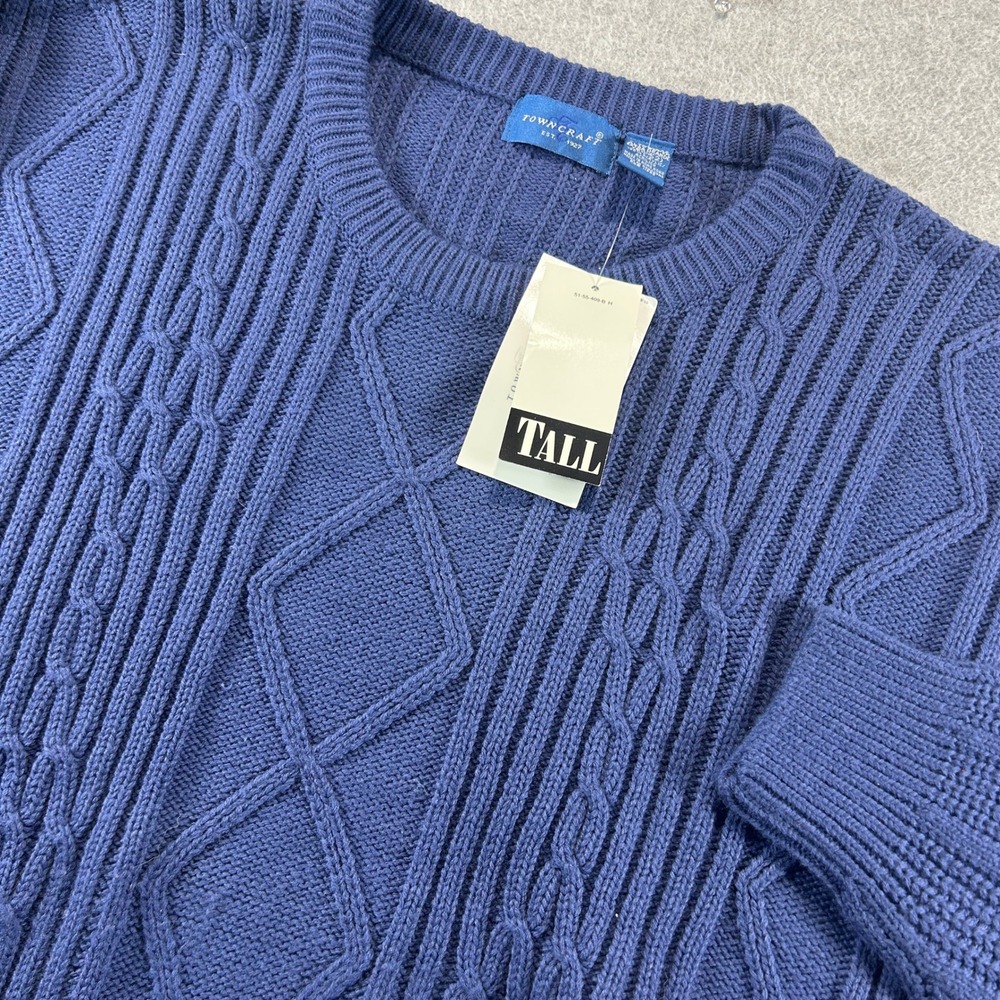 Towncraft Sweater Mens XXL Tall Blue Cable Knit Crew Vintage 90s New Old Stock